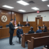 A lawyer stands and speaks to seated individuals in a courtroom, with a judge and officials at the bench and U.S. flags visible in the background.