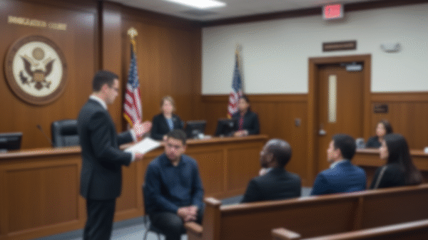 A lawyer stands and speaks to seated individuals in a courtroom, with a judge and officials at the bench and U.S. flags visible in the background.