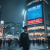 A police officer stands at a busy Shinjuku crosswalk at night, with a large screen showing a crime rate graph and city lights in the background.