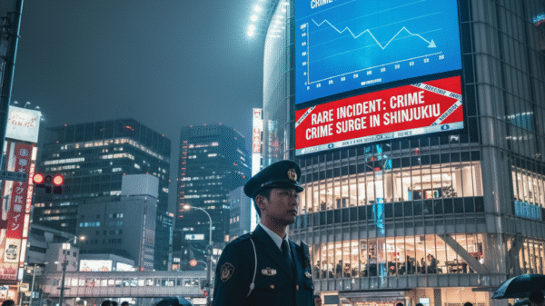 A police officer stands at a busy Shinjuku crosswalk at night, with a large screen showing a crime rate graph and city lights in the background.