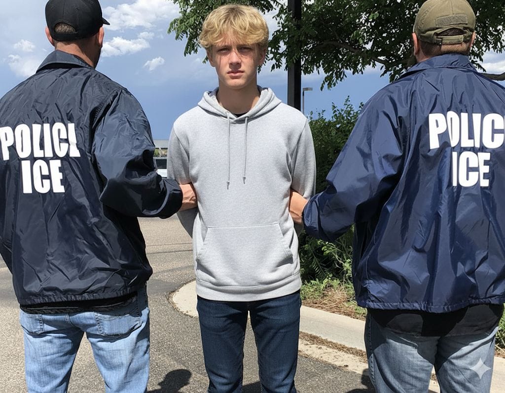 A young man in a gray hoodie is being detained by two officers wearing "POLICE ICE" jackets outdoors.