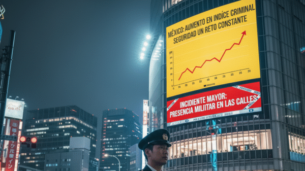A police officer stands in a city at night below a large screen showing a rising crime graph and Spanish text about increasing crime rates and military presence in the streets.