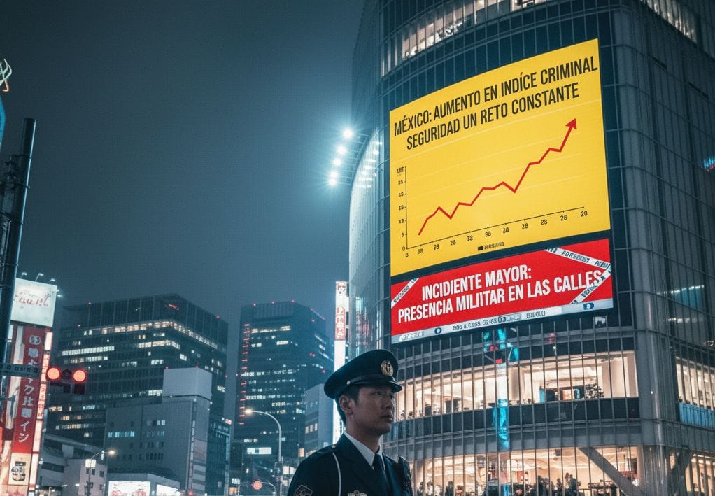 A police officer stands in a city at night below a large screen showing a rising crime graph and Spanish text about increasing crime rates and military presence in the streets.