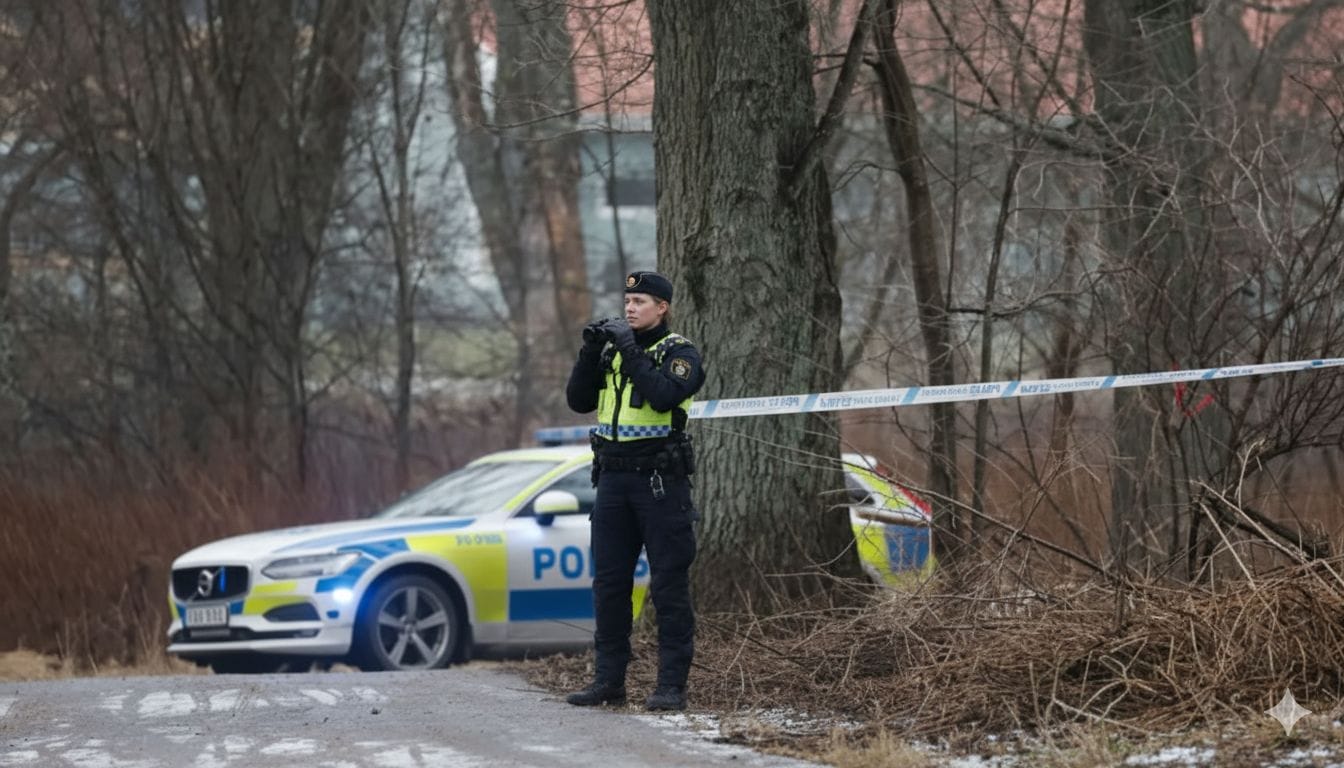A police officer stands by police tape near a wooded area, with a police car parked nearby on a cloudy day.