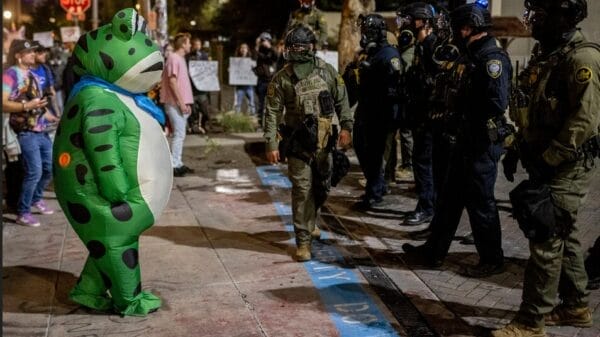 A person in a green frog costume faces a line of police officers in riot gear during a nighttime protest on a city street.