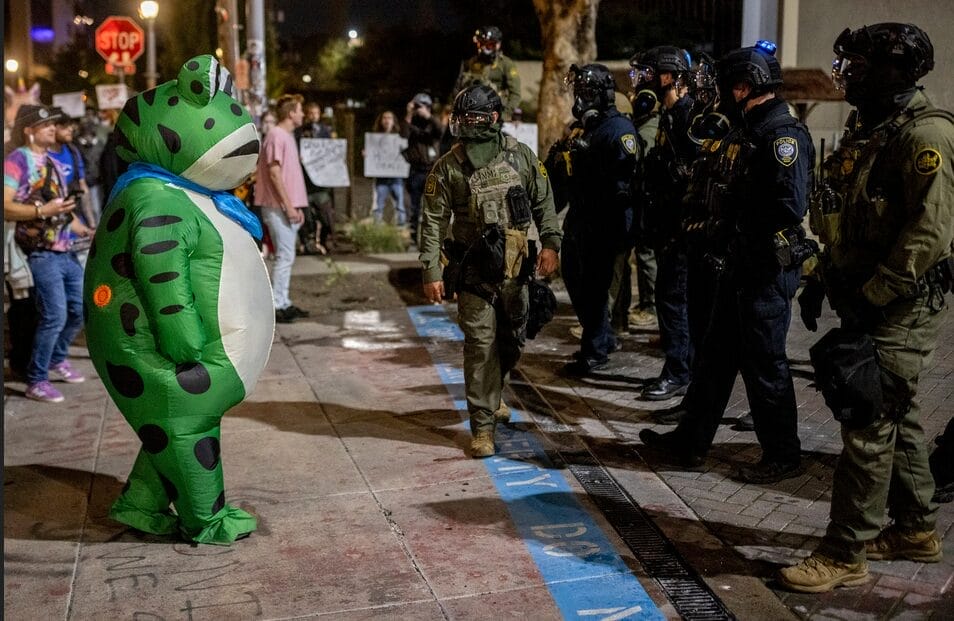 A person in a green frog costume faces a line of police officers in riot gear during a nighttime protest on a city street.