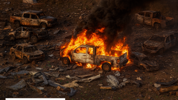 A white pickup truck engulfed in flames amid several burnt-out vehicles and debris, with thick black smoke rising. A "BREAKING NEWS" banner is at the bottom of the image.