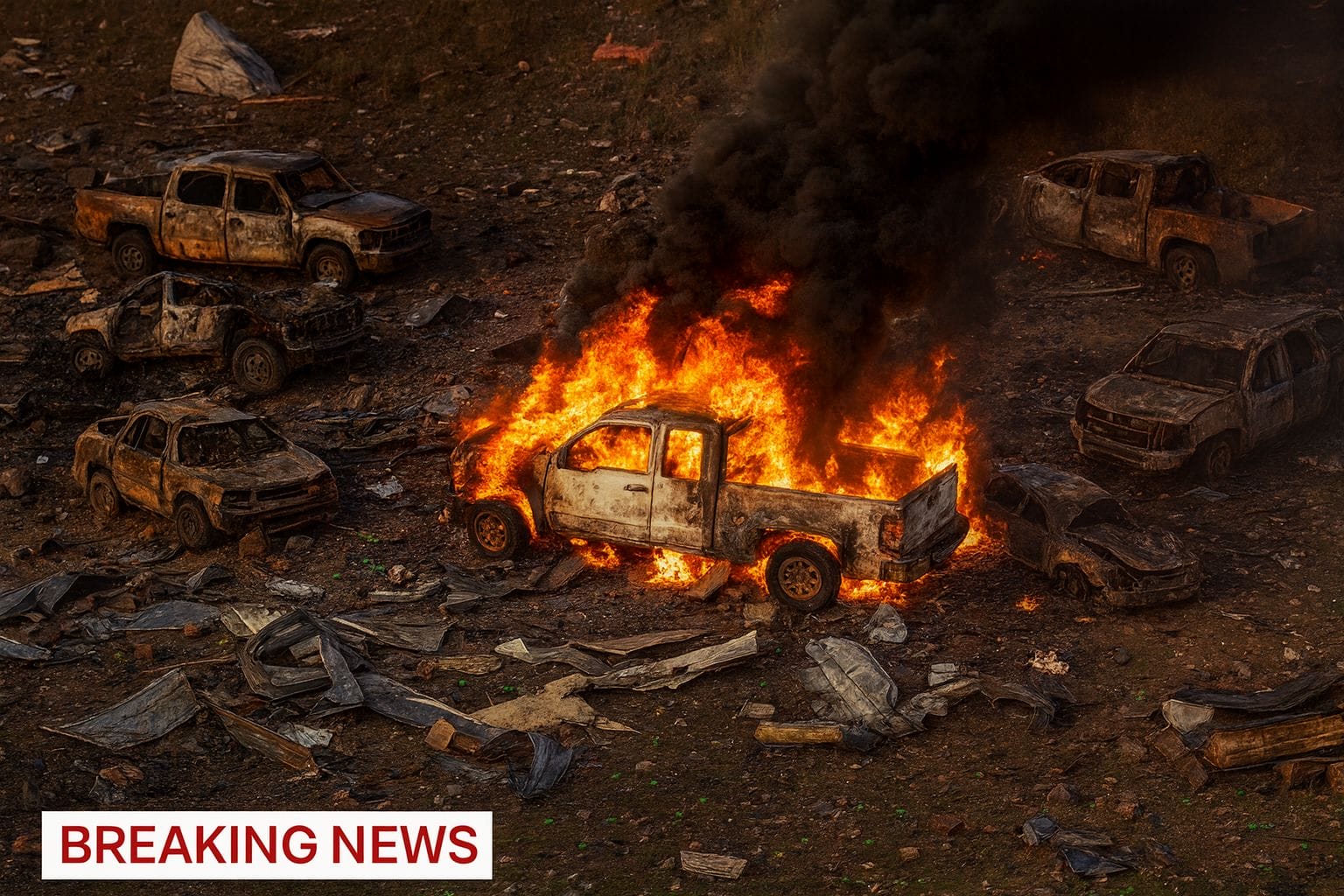 A white pickup truck engulfed in flames amid several burnt-out vehicles and debris, with thick black smoke rising. A "BREAKING NEWS" banner is at the bottom of the image.