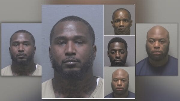 A collage of five mugshots featuring different men with serious expressions, all against neutral-colored backgrounds.