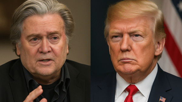 A split image of two older men in suits, one with gray hair speaking, and the other with blond hair and a serious expression, with a U.S. flag in the background.