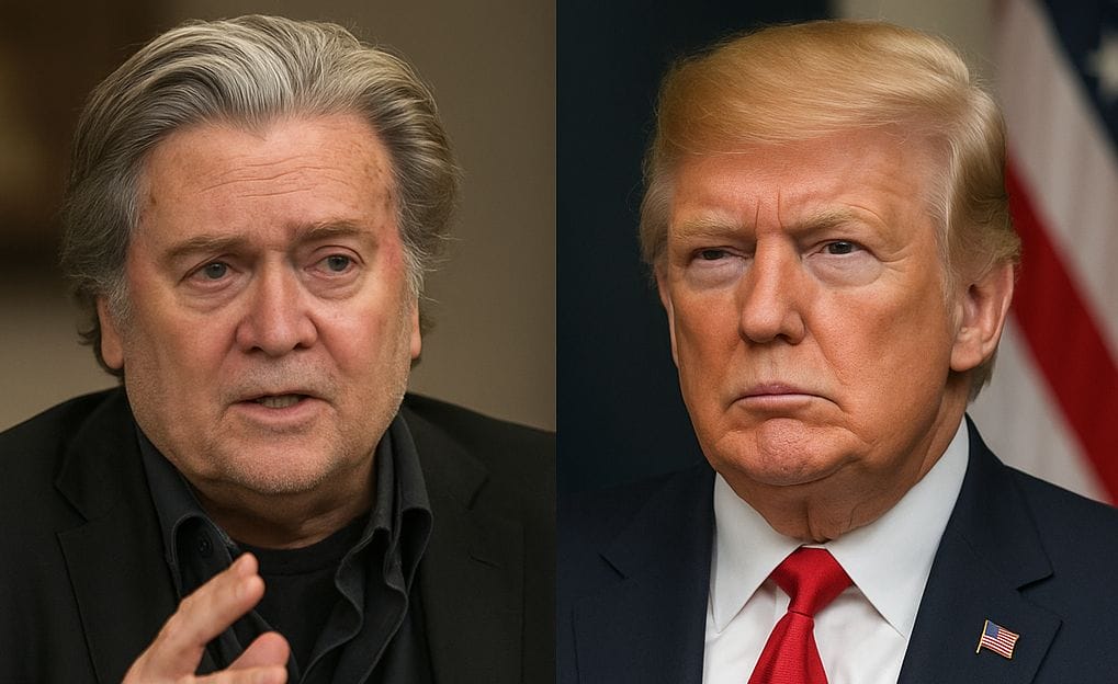 A split image of two older men in suits, one with gray hair speaking, and the other with blond hair and a serious expression, with a U.S. flag in the background.