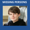 A young boy with brown hair and a black hoodie sits on a chair and smiles. Above him, large white text reads "MISSING PERSONS" on a blue background.