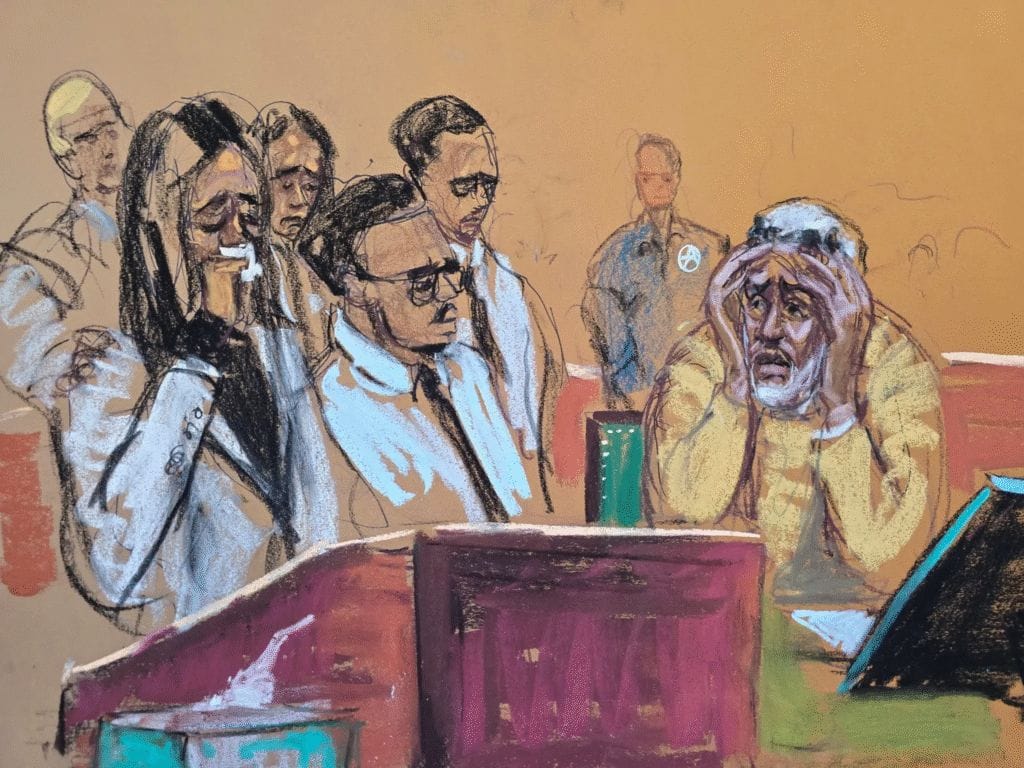 Courtroom sketch showing a distressed man holding his head, surrounded by lawyers and others, as onlookers watch the proceedings.