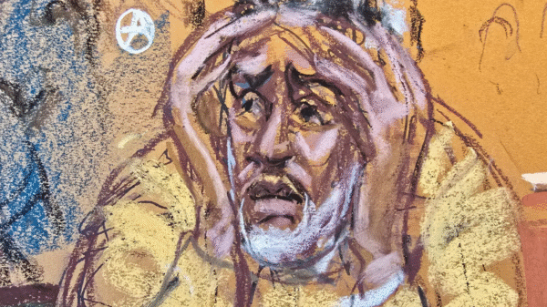 A distressed man with gray hair and a beard holds his head in his hands, drawn in expressive pastel strokes on a brown background.