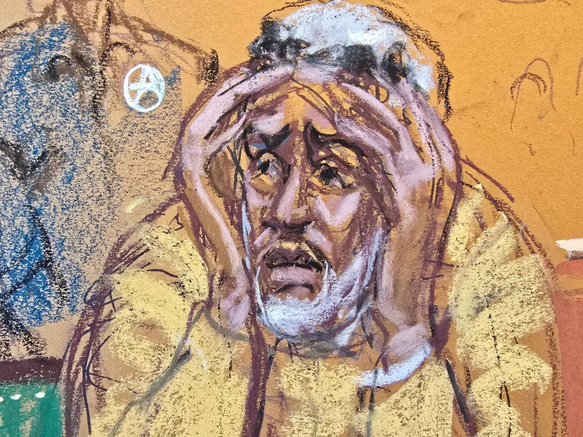 A distressed man with gray hair and a beard holds his head in his hands, drawn in expressive pastel strokes on a brown background.