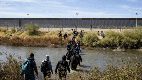 A group of people with backpacks wade through a shallow river toward a border wall topped with barbed wire under a clear sky.