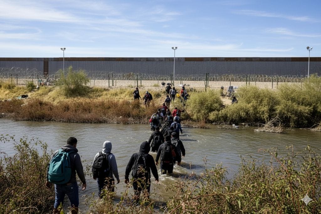 A group of people with backpacks wade through a shallow river toward a border wall topped with barbed wire under a clear sky.