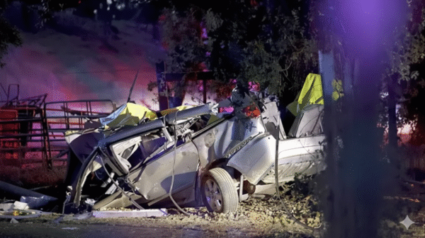 A heavily damaged silver car rests against a tree at night, surrounded by debris and emergency lights in the background.