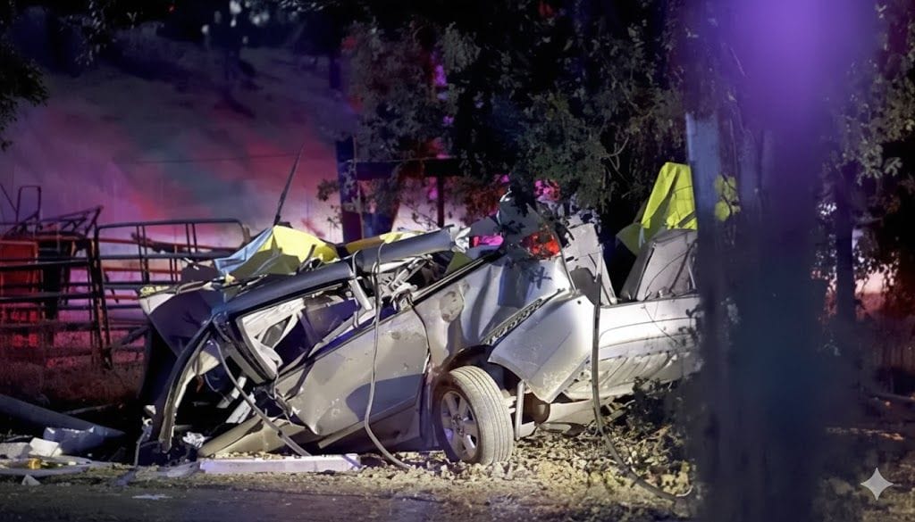 A heavily damaged silver car rests against a tree at night, surrounded by debris and emergency lights in the background.