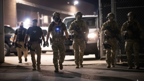 Five armed law enforcement officers in tactical gear walk together at night near a fenced area and parked vehicles.