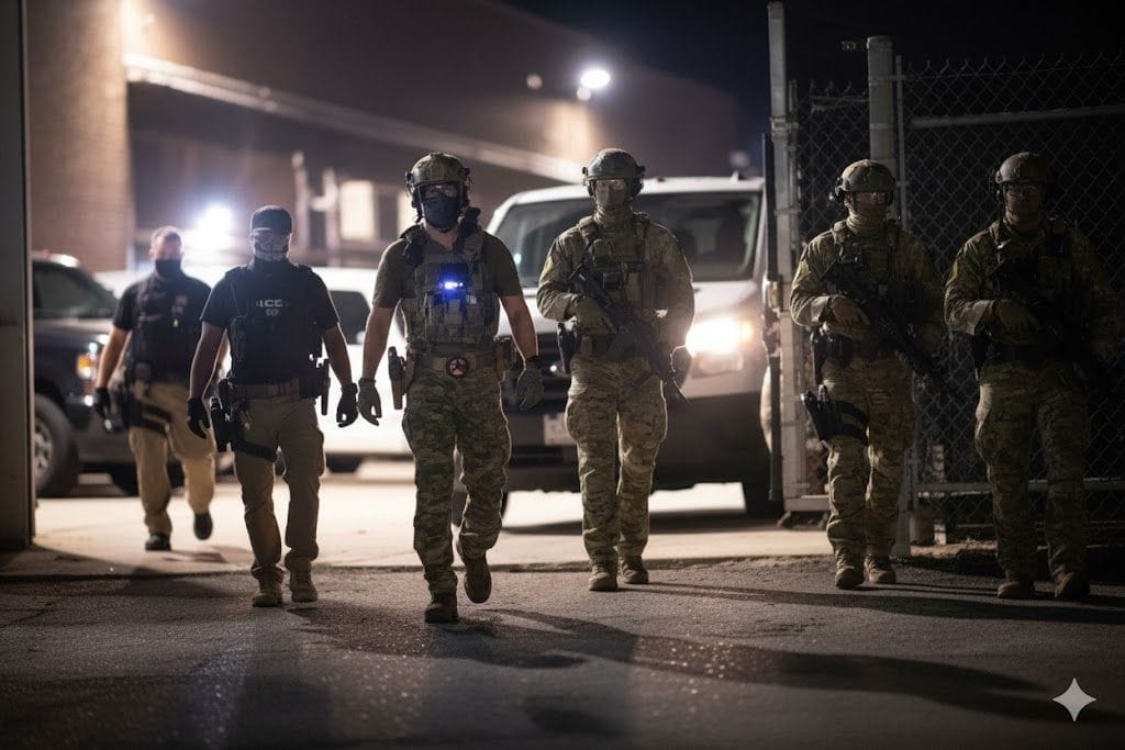 Five armed law enforcement officers in tactical gear walk together at night near a fenced area and parked vehicles.
