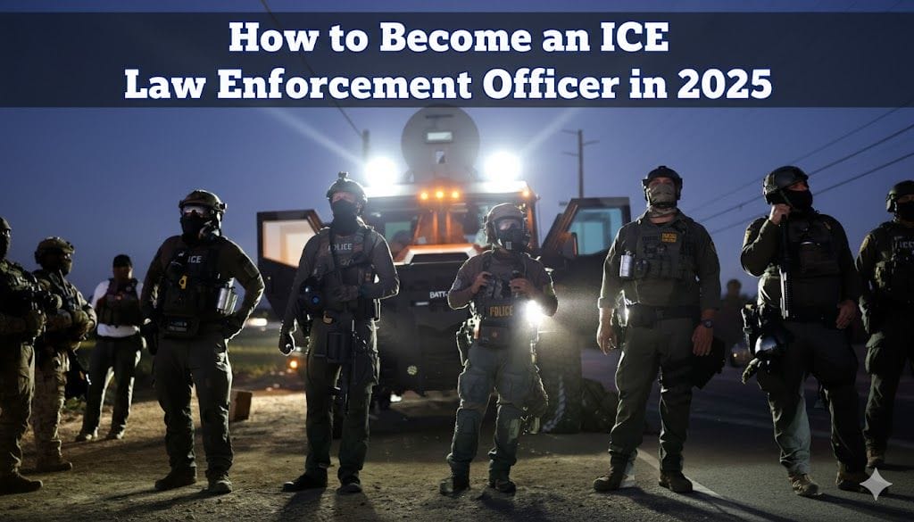 A group of ICE law enforcement officers in tactical gear stand in front of an armored vehicle at dusk, with text above reading "How to Become an ICE Law Enforcement Officer in 2025.