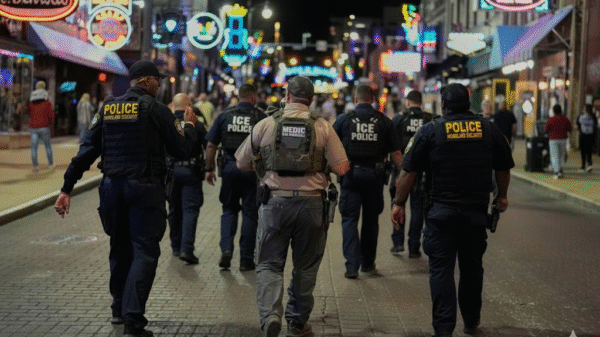 A group of police and ICE officers walk down a busy, neon-lit street at night, surrounded by crowds and vibrant signage.