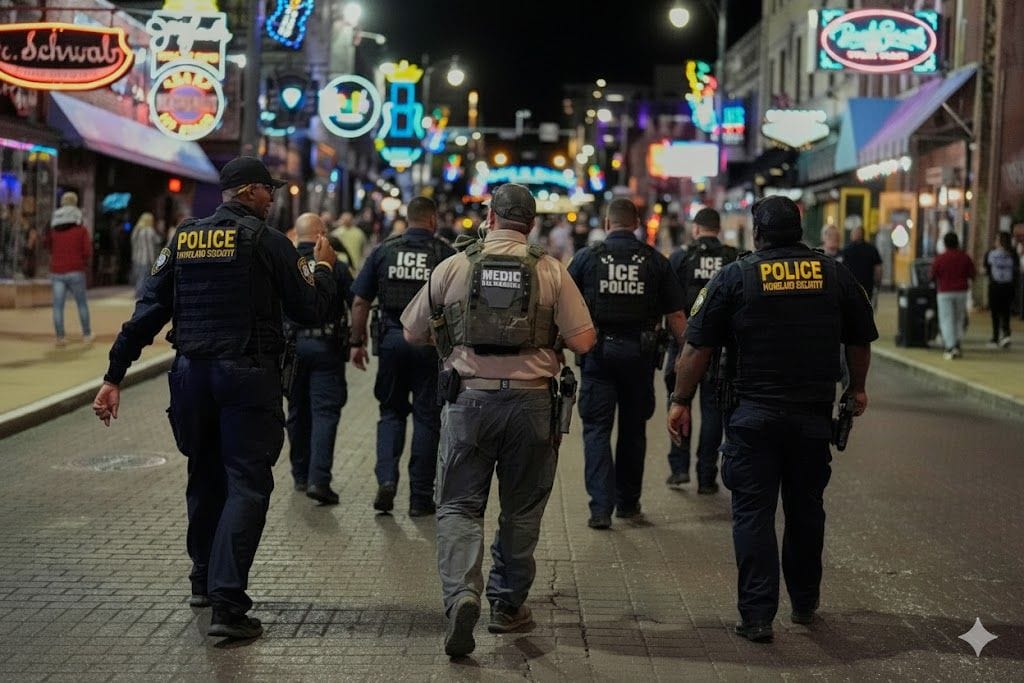 A group of police and ICE officers walk down a busy, neon-lit street at night, surrounded by crowds and vibrant signage.