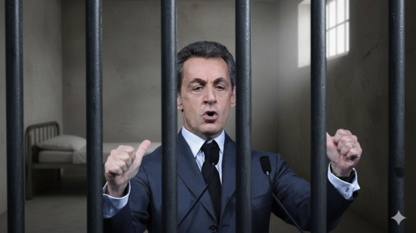 A man in a suit speaks at a podium behind prison bars, with a bed and window visible in a jail cell background.