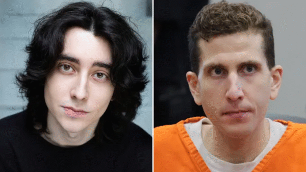 Two men are shown side by side; the left has long dark hair and a neutral expression, while the right has short hair, wears an orange shirt, and looks serious.