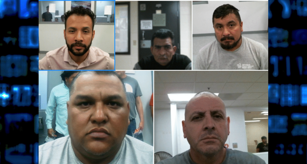 Five men in separate mugshot-style photos arranged in a grid, all looking at the camera with neutral expressions, indoor backgrounds visible behind them.