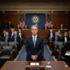 A man stands solemnly at a hearing table before the U.S. Senate Judiciary Committee, with officials seated behind and two American flags on display.