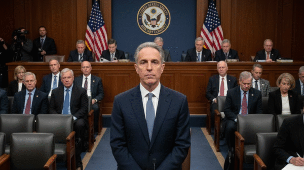 A man stands solemnly at a hearing table before the U.S. Senate Judiciary Committee, with officials seated behind and two American flags on display.