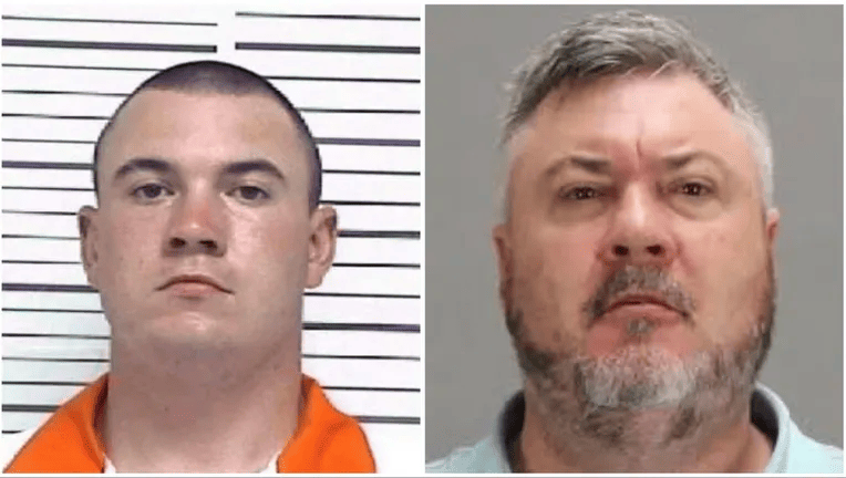 Side-by-side mugshots of two men, one younger with short hair in an orange uniform, the other older with gray hair and a beard, both facing forward.