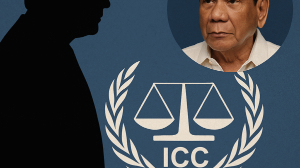 A judge’s silhouette with a gavel is shown beside the ICC logo and a photo of a serious-looking man on a blue background.