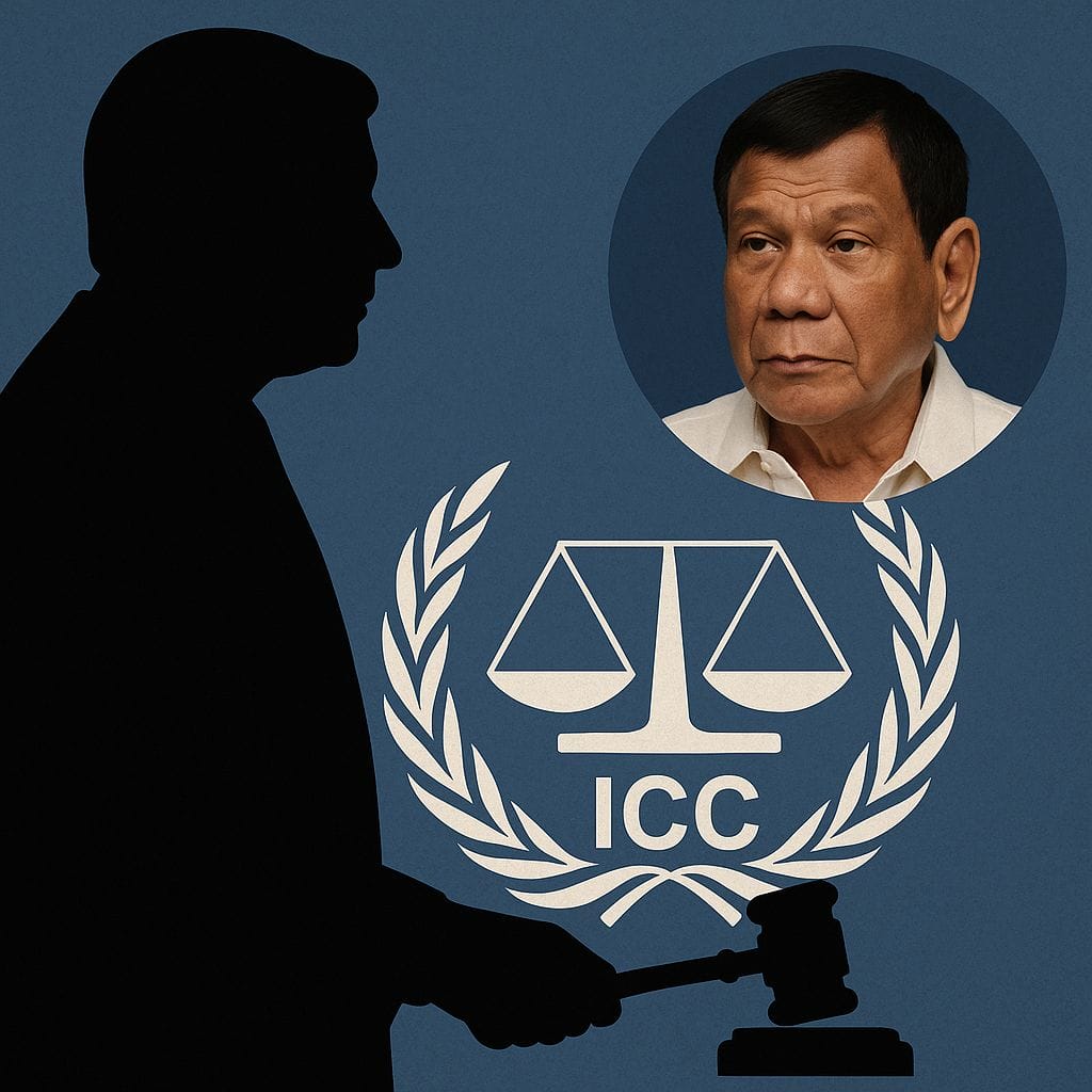 A judge’s silhouette with a gavel is shown beside the ICC logo and a photo of a serious-looking man on a blue background.