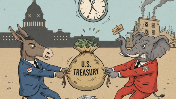 A donkey and an elephant tug on a U.S. Treasury money bag, with a closed federal building and Capitol dome in the background, symbolizing a government shutdown standoff.