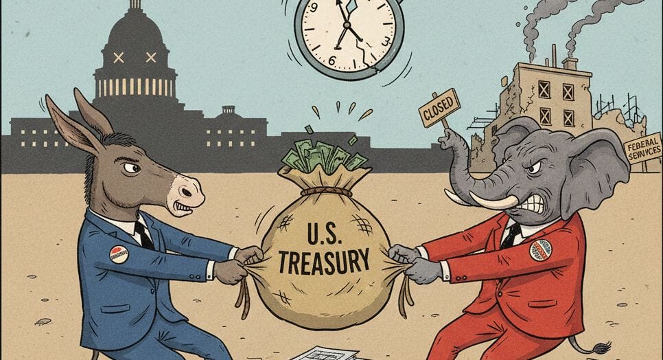 A donkey and an elephant tug on a U.S. Treasury money bag, with a closed federal building and Capitol dome in the background, symbolizing a government shutdown standoff.