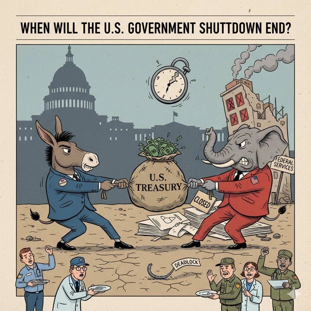 A donkey and elephant tug-of-war over a U.S. Treasury bag, with unhappy people waiting for food and closed signs in a chaotic city. Text: “When will the U.S. government shutdown end?”.