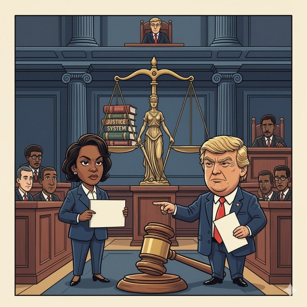 A courtroom cartoon shows two lawyers holding papers, a judge, a large justice scale, law books, and a gavel, with people watching from the benches.