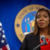 A woman stands at a podium with a microphone, wearing a red blouse and black jacket, in front of a U.S. flag and a blue and gold state seal.