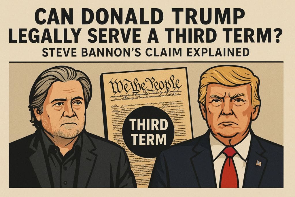 Illustration of Steve Bannon and Donald Trump with a "We the People" document and "THIRD TERM" text, asking if Trump can legally serve a third term.