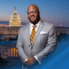 A man in a gray suit and striped tie stands confidently in front of the U.S. Capitol building at dusk, with city lights and a blue graphic overlay.