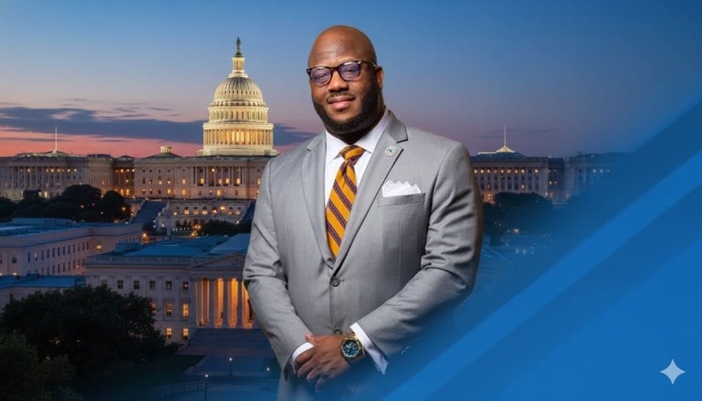 A man in a gray suit and striped tie stands confidently in front of the U.S. Capitol building at dusk, with city lights and a blue graphic overlay.