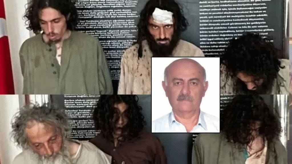 Six men appear in two rows; five look disheveled with messy hair and worn clothes, while one, centered in an inset, has a bald head and mustache, dressed formally for an ID photo.