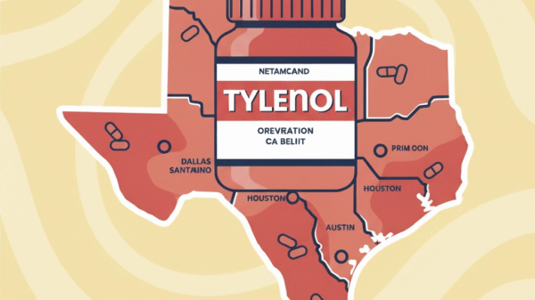 A large Tylenol bottle illustration is centered over a map of Texas, with cities like Dallas, Houston, and Austin labeled in red on a yellow background.