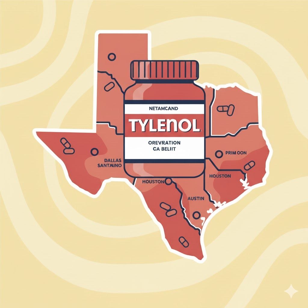 A large Tylenol bottle illustration is centered over a map of Texas, with cities like Dallas, Houston, and Austin labeled in red on a yellow background.