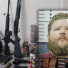 A photo of rifles, ammunition, and a tactical vest on a table, with an inset mugshot of a bearded man with a bandaged forehead.