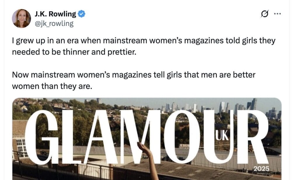 A tweet by J.K. Rowling discusses women's magazines, with a partial cover of GLAMOUR UK 2025 below showing a raised arm against a city skyline.