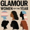 Illustration of six women’s silhouettes, some with transgender flag colors, under bold text reading “GLAMOUR WOMEN OF THE YEAR” on a beige background.